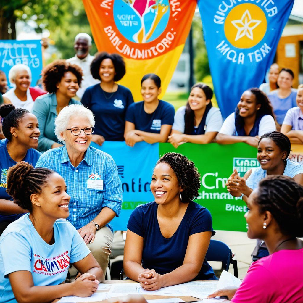 A diverse group of community members participating in a lively discussion, showcasing a vibrant community center in the background adorned with volunteer banners and logos of various non-profit organizations. Smiling faces of all ages and backgrounds symbolize unity and support, with colorful advocacy signs that reflect social causes. A bright and inviting atmosphere enhances the sense of collaboration and community strength. super-realistic. vibrant colors. community-focused.