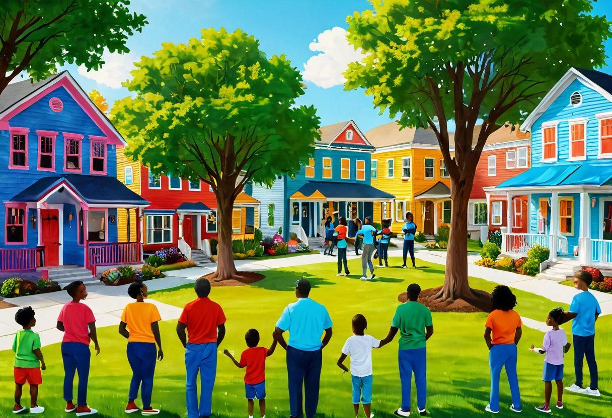 A vibrant community gathering scene, showcasing diverse individuals engaging in philanthropic activities like planting trees, distributing food, and mentoring children. Include symbols of awareness like banners or signs highlighting community support and teamwork. The background should depict a lively neighborhood with colorful houses and a park. Emphasize a warm, inviting atmosphere that inspires hope and collaboration. super-realistic. vibrant colors. lively environment.
