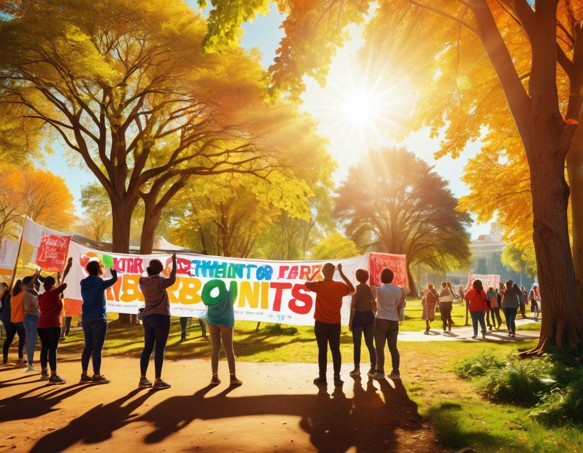 A diverse group of passionate activists holding banners in a vibrant park, symbolizing unity and strength. In the background, a variety of community resources like food banks, free clinics, and educational workshops are depicted. Sunlight filters through the trees, casting warm rays on the scene, illustrating hope and collaboration. Bright colors to emphasize positivity and community spirit. super-realistic. vibrant colors.